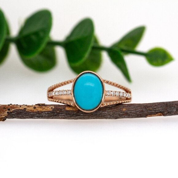 2.6cts Sleeping Beauty Turquoise Ring in 14K Solid Gold with Natural Diamonds - Picture 4 of 8
